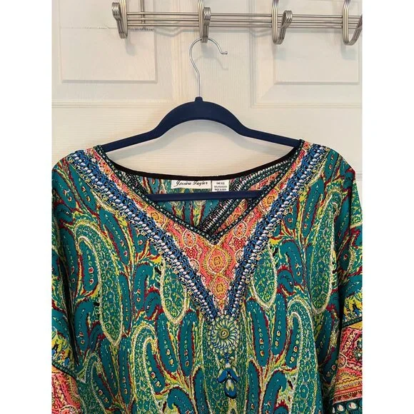 Vintage Jessica Taylor Hippy Paisley Short Sleeve Kaftan Maxi Dress OS - Picture 3 of 6